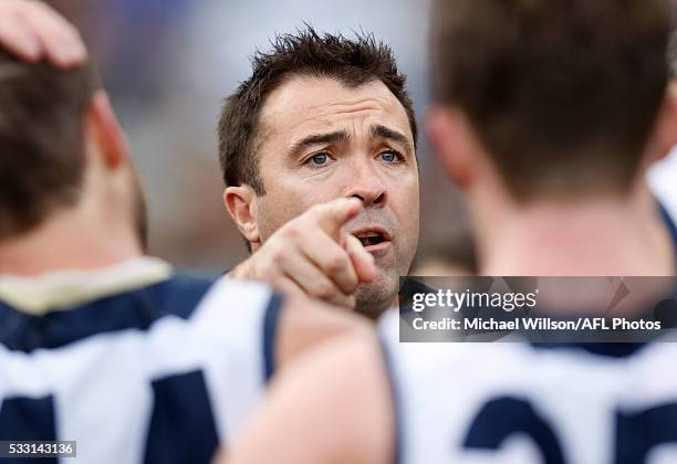 Chris Scott, Senior Coach of the Cats addresses his players during the 2016 AFL Round 09 match between the Collingwood Magpies and the Geelong Cats...