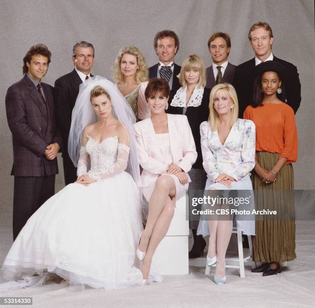 Cast portrait of the TV soap opera series 'Knots Landing,' 1991. Front row, left to right: Nicollette Sheridan, Michele Lee, Joan Van Ark, and Kent...