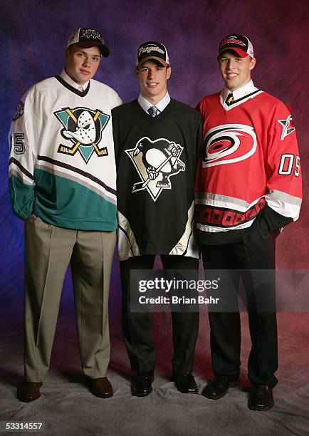 The top three draft picks Bobby Ryan of the Mighty Ducks of Anaheim, Sidney Crosby of the Pittsburgh Penguins and Jack Johnson of the Carolina...