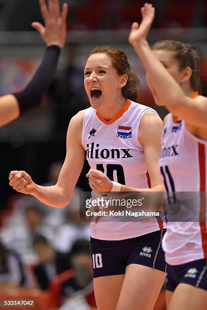 Quinta Steenbergen of Netherlands serves the ball during the Women's World Olympic Qualification game between Peru and Netherlands at Tokyo...