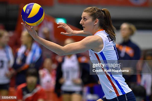 Anne Buijs of Netherlands serves the ball during the Women's World Olympic Qualification game between Peru and Netherlands at Tokyo Metropolitan...