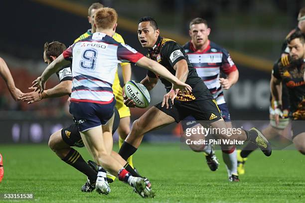 Toni Pulu of the Chiefs makes a break during the round 13 Super Rugby match between the Chiefs and the Rebels at FMG Stadium on May 21, 2016 in...