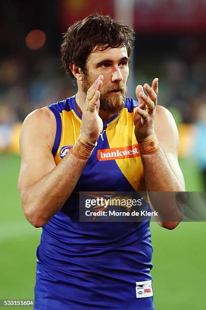 Josh Kennedy of the Eagles celebrates after the round nine AFL match between the Port Adelaide Power and the West Coast Eagles at Adelaide Oval on...