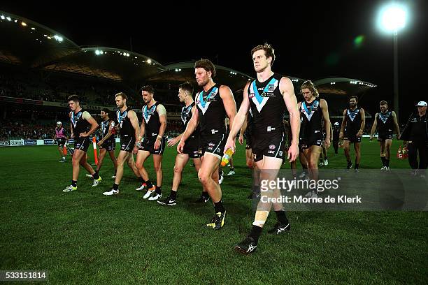 Power players leave the field after losing during the round nine AFL match between the Port Adelaide Power and the West Coast Eagles at Adelaide Oval...