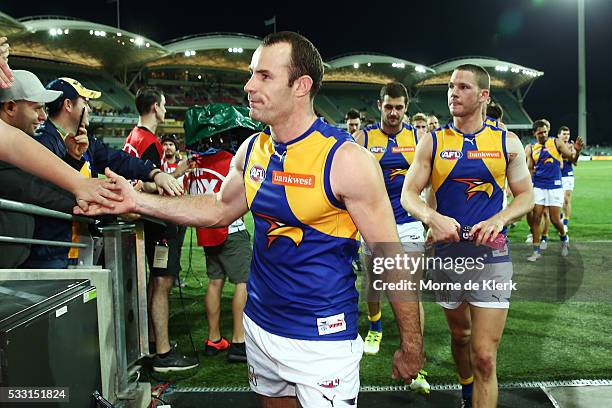 Shannon Hurn of the Eagles leads his players from the field after winning the round nine AFL match between the Port Adelaide Power and the West Coast...