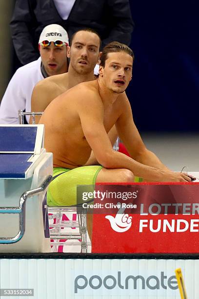 Yannick Agnel and the French relay team look on after the Men's 4x200m Freestyle heats on day thirteen of the 33rd LEN European Swimming...