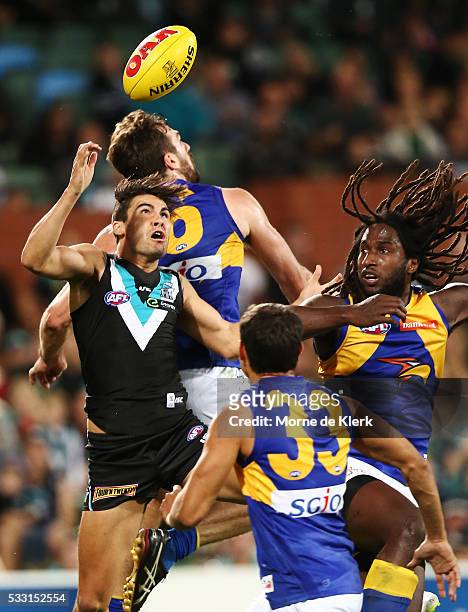 Chad Wingard of the Power takes a mark against Nic Naitanui of the Eagles during the round nine AFL match between the Port Adelaide Power and the...