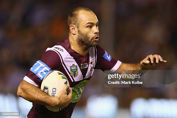 Brett Stewart of the Eagles runs the ball during the round 11 NRL match between the Cronulla Sharks and the Manly Sea Eagles at Southern Cross Group...