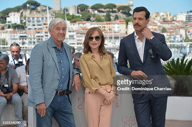 Director Paul Verhoeven, Isabelle Huppert and Laurent Lafitte attend the "Elle" Photocall during the 69th annual Cannes Film Festival at the Palais...