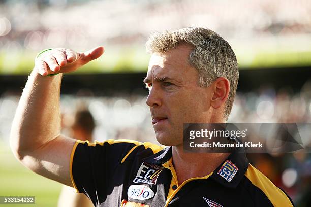 Eagles head coach Adam Simpson looks on during the round nine AFL match between the Port Adelaide Power and the West Coast Eagles at Adelaide Oval on...