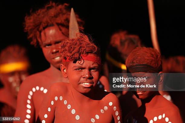 Indigenous performers wait to go onto the Adelaide Oval before the round nine AFL match between the Port Adelaide Power and the West Coast Eagles at...