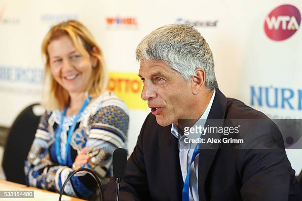 Armin Zitzmann and Sandra Reichel attend the closing press conference on day eight of the Nuernberger Versicherungscup 2016 on May 21, 2016 in...