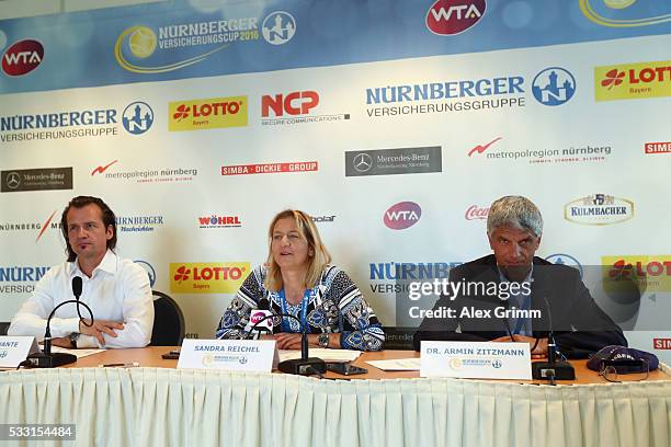 Armin Zitzmann, Sandra Reichel and Oliver Quante attend the closing press conference on day eight of the Nuernberger Versicherungscup 2016 on May 21,...