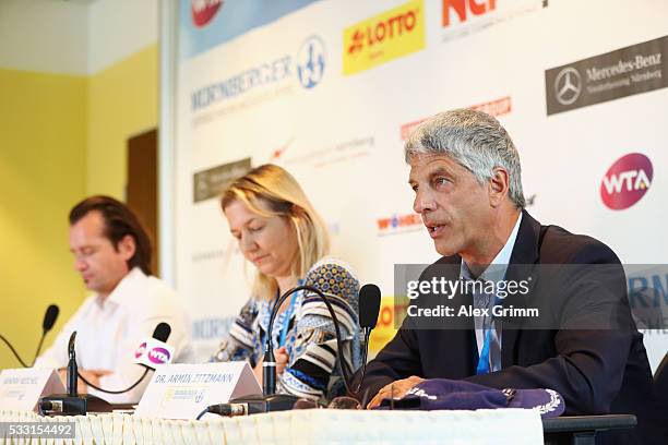 Armin Zitzmann, Sandra Reichel and Oliver Quante attend the closing press conference on day eight of the Nuernberger Versicherungscup 2016 on May 21,...