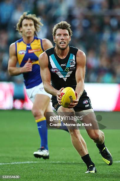 Brad Ebert of the Power runs with the ball during the round nine AFL match between the Port Adelaide Power and the West Coast Eagles at Adelaide Oval...