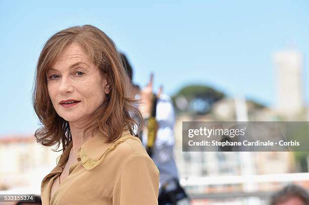 Isabelle Huppert attends the "Elle" Photocall during the 69th annual Cannes Film Festival at the Palais des Festivals on May 21, 2016 in Cannes,...