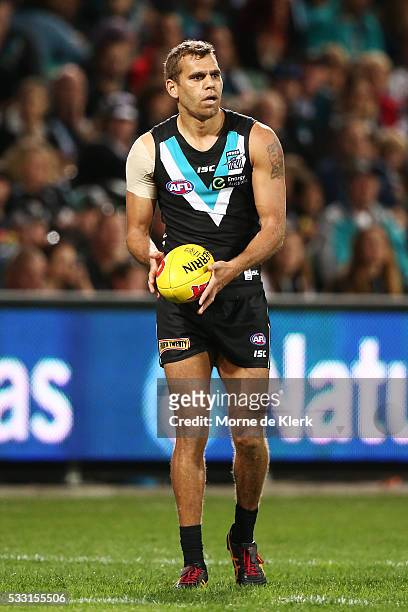 Nathan Krakouer of the Power looks on during the round nine AFL match between the Port Adelaide Power and the West Coast Eagles at Adelaide Oval on...