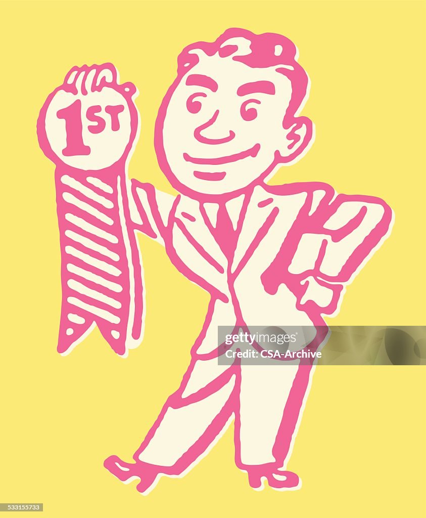 Man First Place Man Holding First Place Award Ribbon High-Res Vector Graphic - Getty Images
