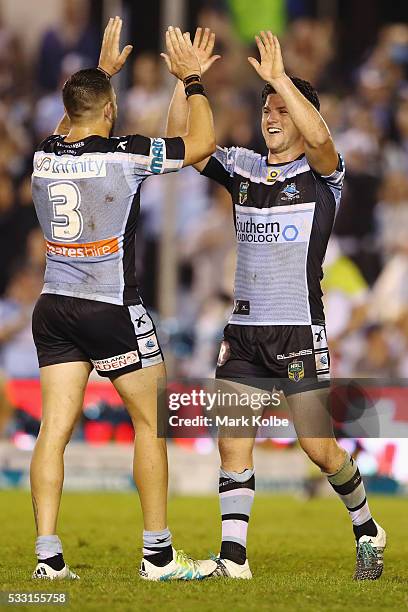 Jack Bird and Chad Townsend of the Sharks celebrate victory during the round 11 NRL match between the Cronulla Sharks and the Manly Sea Eagles at...