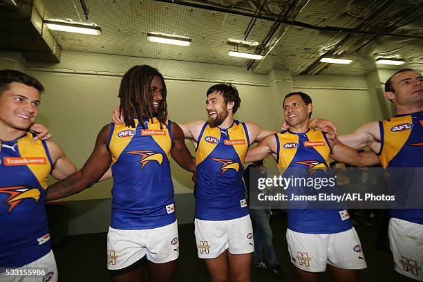 The Eagles celebrate their win during the 2016 AFL Round 09 match between Port Adelaide Power and the West Coast Eagles at the Adelaide Oval on May...