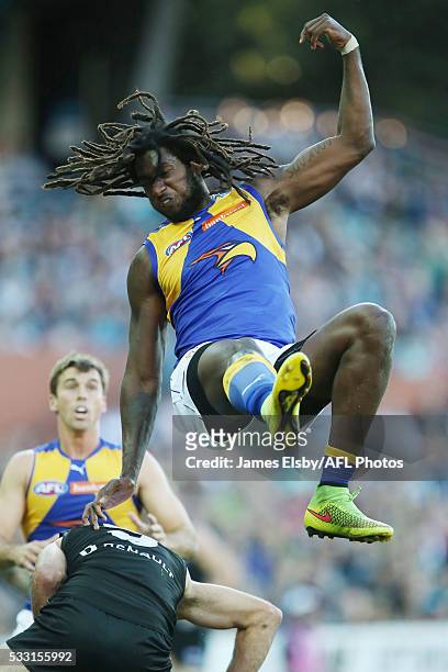 Nic Naitanui of the Eagles flies over Robbie Gray of the Power during the 2016 AFL Round 09 match between Port Adelaide Power and the West Coast...