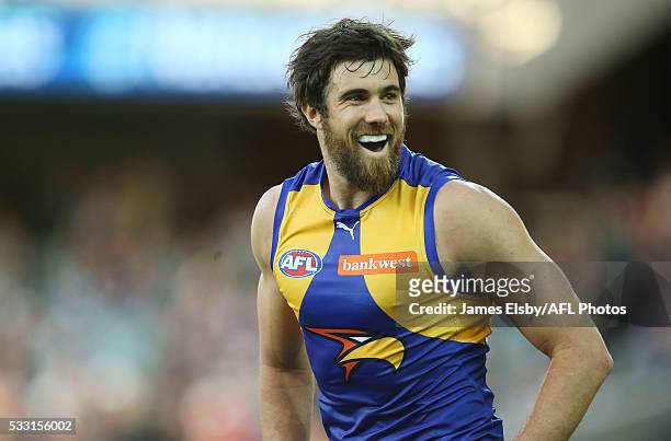 Josh Kennedy of the Eagles celebrates a goal during the 2016 AFL Round 09 match between Port Adelaide Power and the West Coast Eagles at the Adelaide...