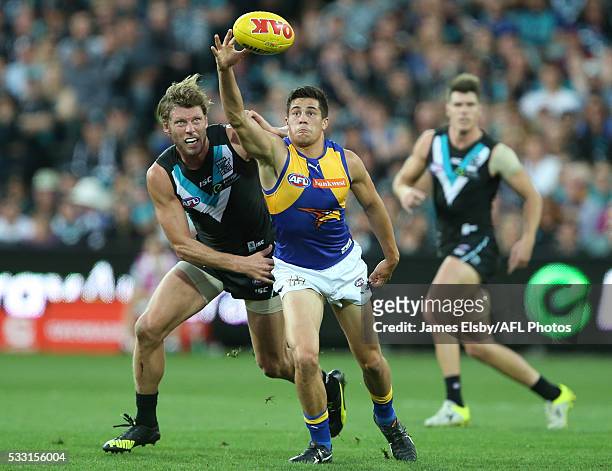 Brad Ebert of the Power tackles Liam Duggan of the Eagles during the 2016 AFL Round 09 match between Port Adelaide Power and the West Coast Eagles at...