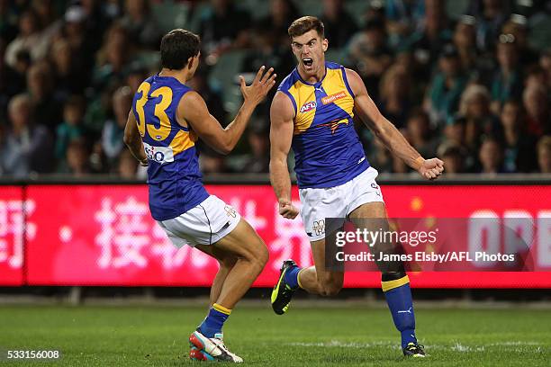 Josh Hill and Scott Lycett of the Eagles celebrate a goal during the 2016 AFL Round 09 match between Port Adelaide Power and the West Coast Eagles at...