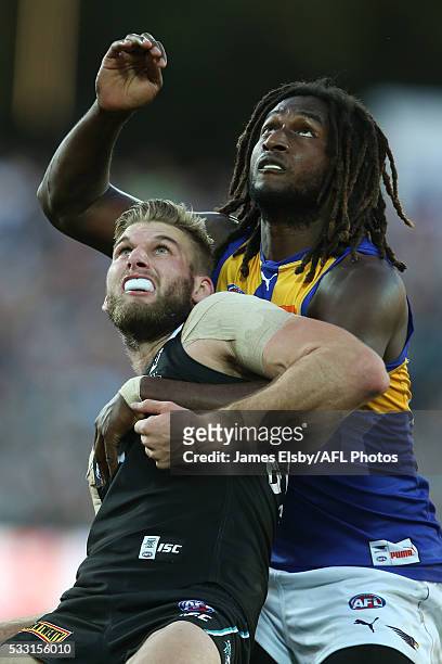 Jackson Trengove of the Power competes with Nic Naitanui of the Eagles during the 2016 AFL Round 09 match between Port Adelaide Power and the West...