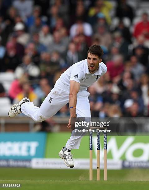 England bowler Steven Finn in action during day three of the 1st Investec Test match between England and Sri Lanka at Headingley on May 21, 2016 in...