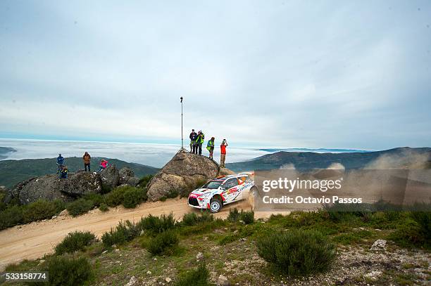 Yoann Bonato of France and Denis Giraudet of France compete in their Citroen DS3 R5 during the SS11 Marao of the WRC Portugal on May 21, 2016 in...