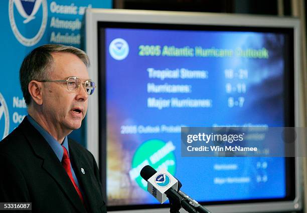 David Johnson, director, NOAA National Weather Service speaks at a press conference updating NOAA's hurricane forecast for the remainder of the 2005...