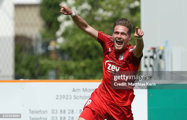 Jonas Nietfeld of Zwickau jubilates after scoring his teams first goal during the Regionalliga Nordost match between FC Schoenberg 95 and FSV Zwickau...