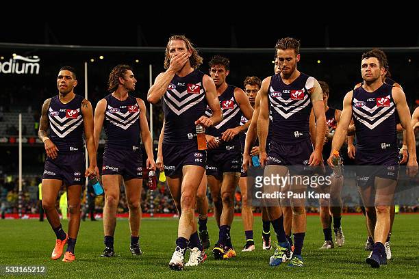 David Mundy of the Dockers leads his team from the field after being defeated during the round nine AFL match between the Fremantle Dockers and the...