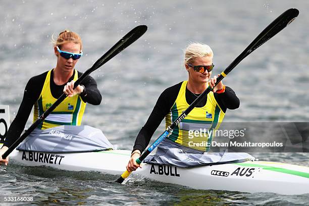 Alyssa Bull and Alyce Burnett of Australia look on before they compete in the K2 W 500 Final during Day 2 of the ICF Canoe Sprint World Cup 1 held at...