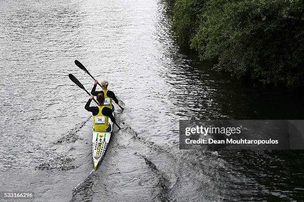 Alyssa Bull and Alyce Burnett of Australia paddle after they compete in the K2 W 500 Final during Day 2 of the ICF Canoe Sprint World Cup 1 held at...