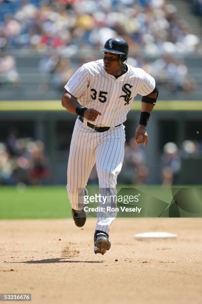 Frank Thomas of the Chicago White Sox runs the bases during the game against the Kansas City Royals at U.S. Cellular Field on June 22, 2005 in...