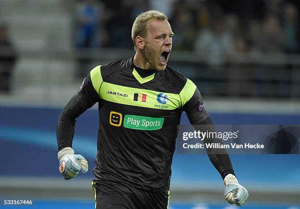 Sels Matz goalkeeper of KAA Gent saved a penalty kick and celebrates with teammates pictured during the Champions league match Group H first leg...