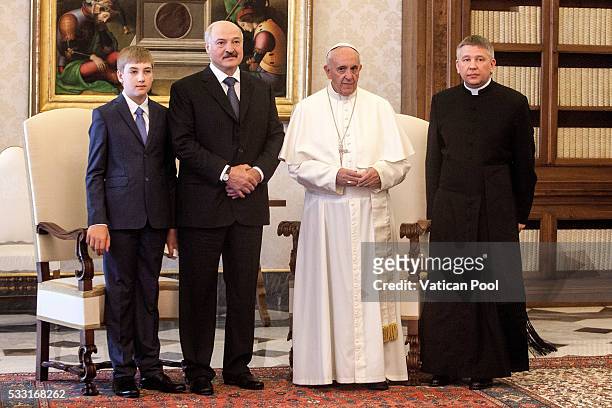 Pope Francis meets President of Belarus Alexander Lukashenko and his son Nikolai Lukashenko during a private audience at the Apostolic Palace on May...