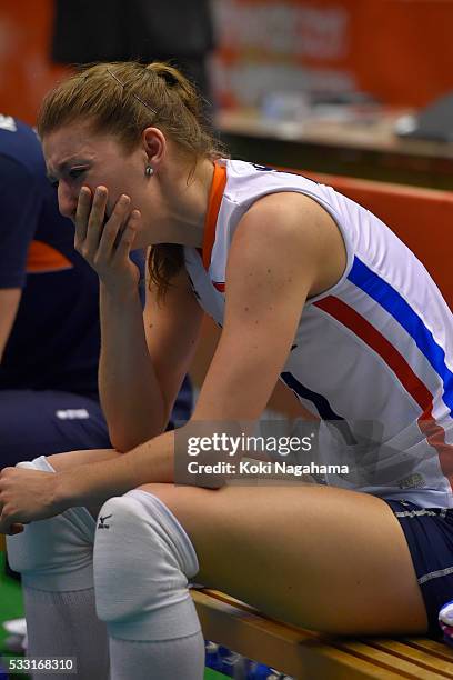 Anne Buijs of Netherlands cries for joy after winning her team's qualification for the Rio de Janeiro Olympic during the Women's World Olympic...