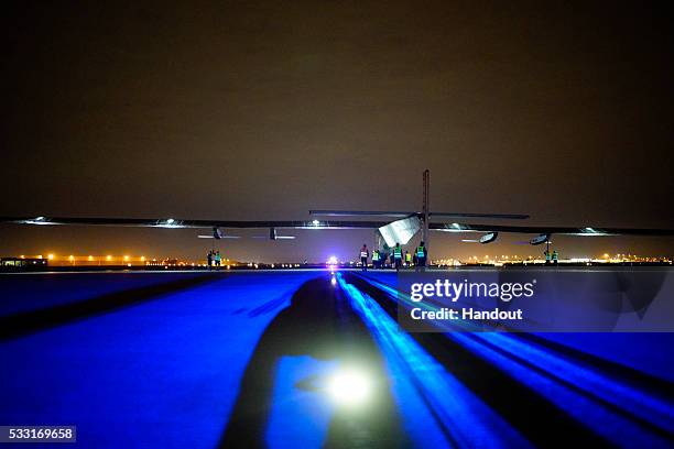 Solar Impulse 2, the solar airplane of Swiss pioneers Bertrand Piccard and AndrÃ© Borschberg, in preparation for the take off from Tulsa...