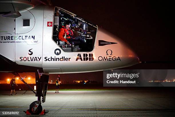 Solar Impulse 2, the solar airplane of Swiss pioneers Bertrand Piccard and Ande Borschberg, in preparation for the take off from Tulsa International...