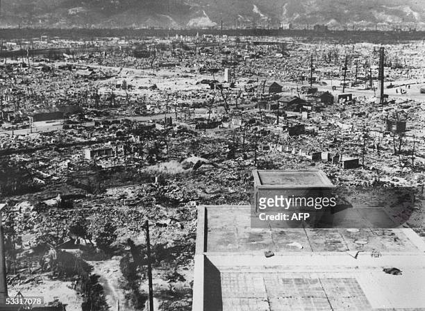 This file photo dated 1945 shows the devastated city of Hiroshima in days after the first atomic bomb was dropped by a US Air Force B-29, 06 August...