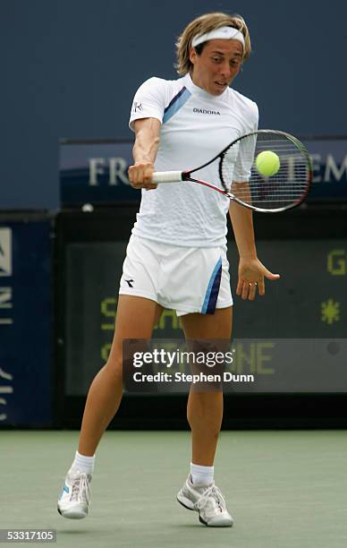 Francesca Schiavone of Italy hits a backhand to Abigail Spears of the USA during the Acura Classic on August 2, 2005 at La Costa Spa and Resort in...