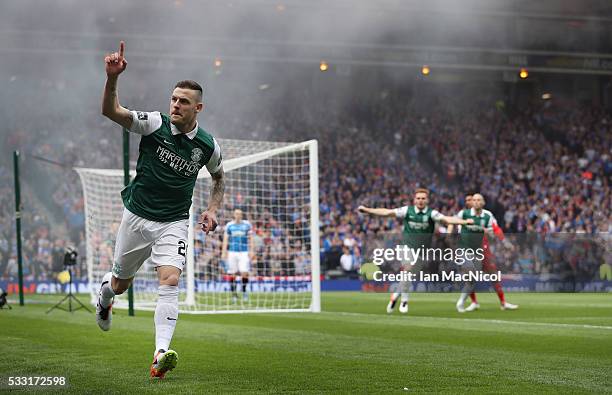 Anthony Stokes of Hibernian celebrates scoring during the Scottish Cup Final between Rangers and Hibernian at Hampden Park on May 21, 2016 in...