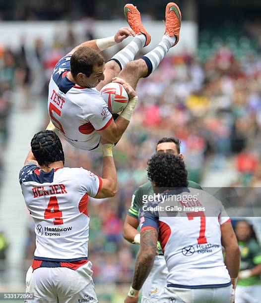 Zack Test of the USA is lifted too high by teammate Garrett Bender during the match between South Africa and the United States of America on day 1 of...