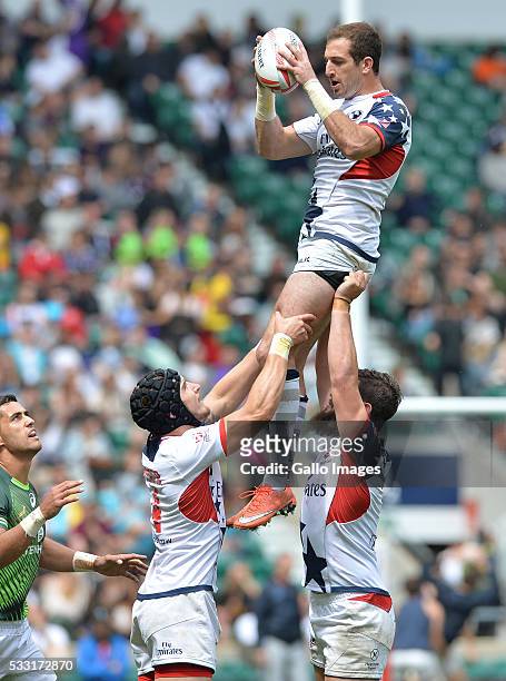 Zack Test of the USA is lifted high in the air during the match between South Africa and the United States of America on day 1 of the HSBC World...