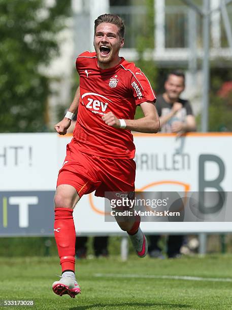 Jonas Nietfeld of Zwickau jubilates after scoring his teams first goal during the Regionalliga Nordost match between FC Schoenberg 95 and FSV Zwickau...