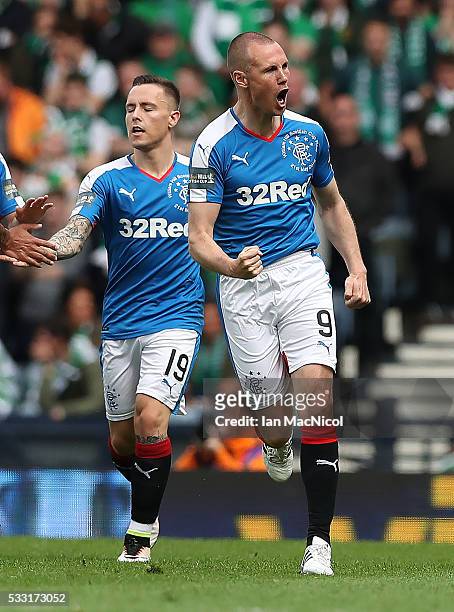 Kenny Miller of Rangers celebrates scoring during the Scottish Cup Final between Rangers and Hibernian at Hampden Park on May 21, 2016 in Glasgow,...