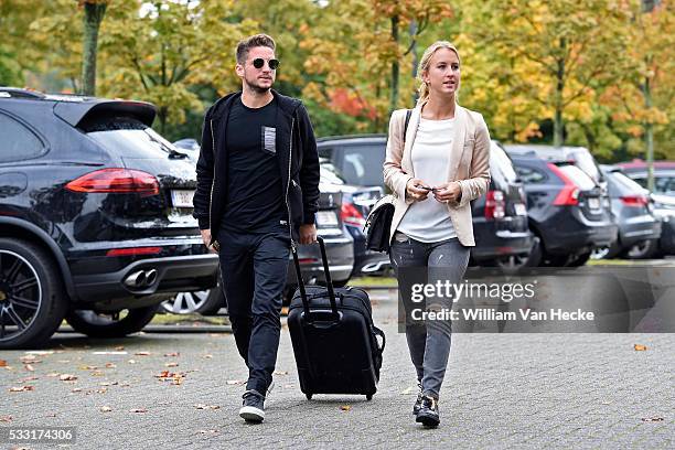 Mertens Dries of Belgium with his wife Katrin Kerkhofs pictured during arrival at the hotel of the National Soccer Team of Belgium as part of the...